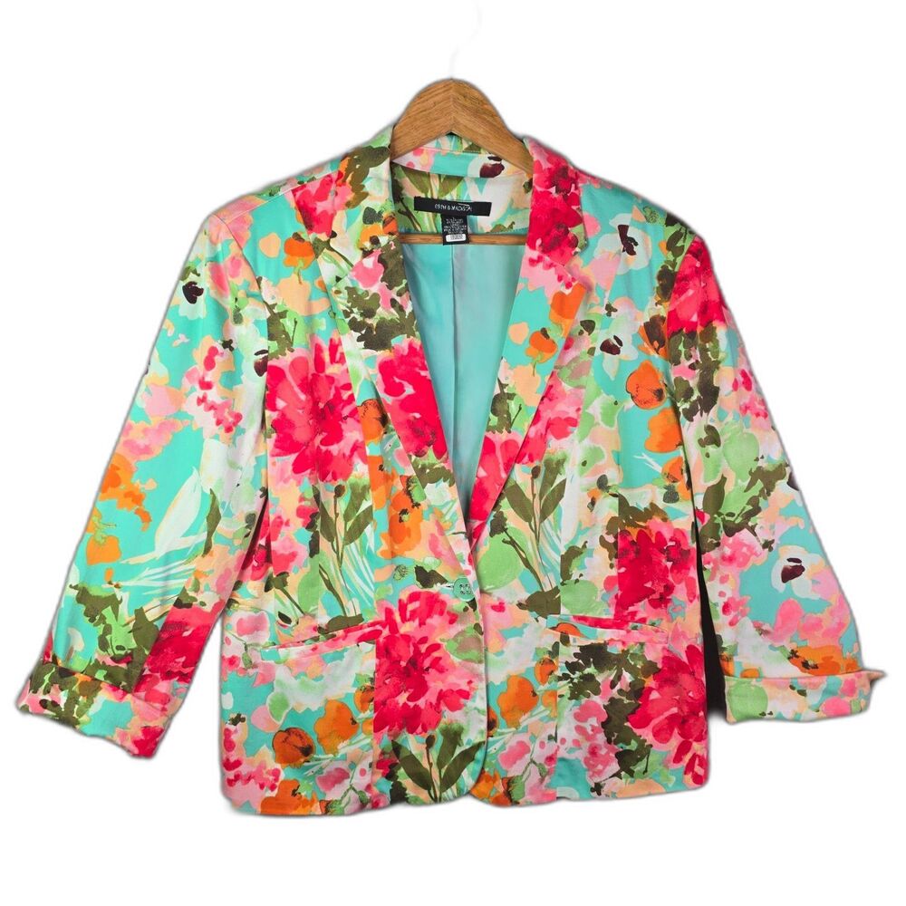 89th Madison Blazer Pink Green L Floral Contrast Lining Cotton Statement